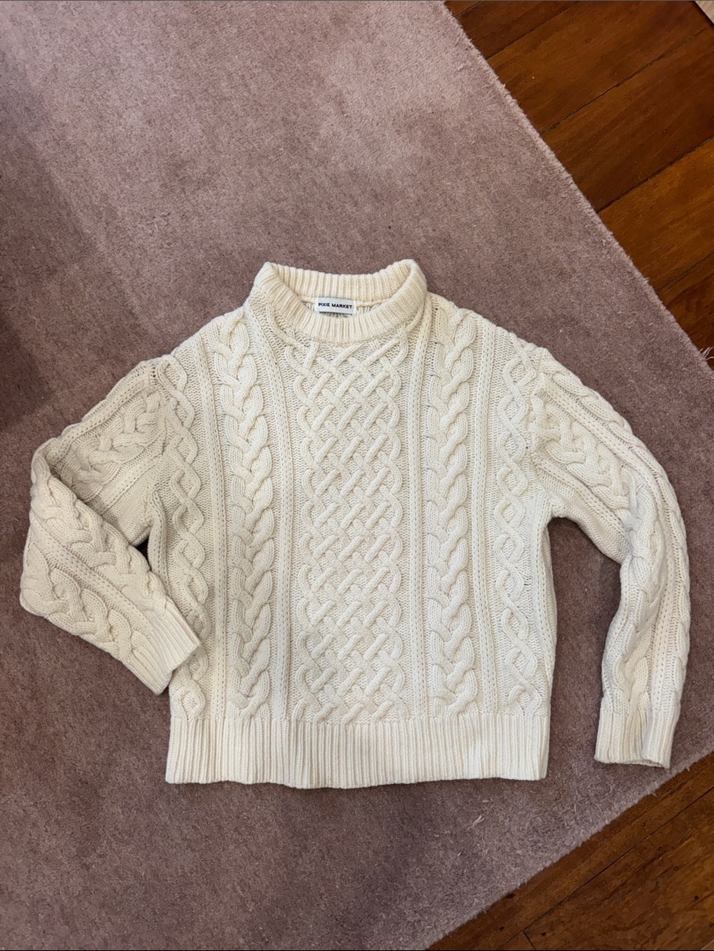 Pixie Market Ivory Cable-Knit Crewneck Sweater